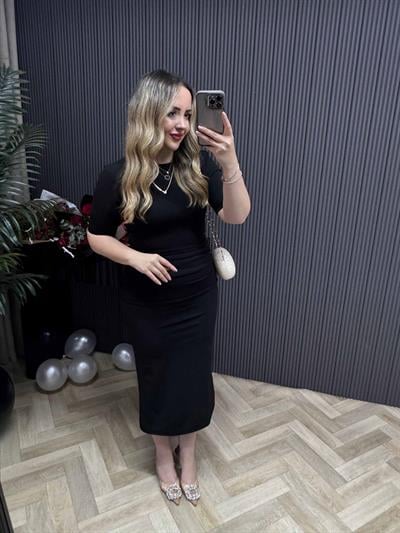 Velvet Drapeli Midi Boy Kısa Kollu Elbise Siyah