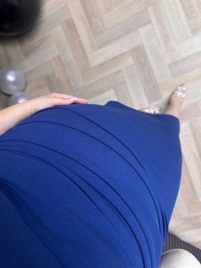 Velvet Drapeli Midi Boy Kısa Kollu Elbise Lacivert