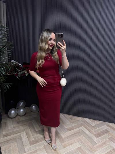 Velvet Drapeli Midi Boy Kısa Kollu Elbise Bordo