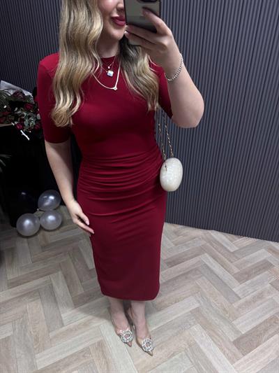 Velvet Drapeli Midi Boy Kısa Kollu Elbise Bordo