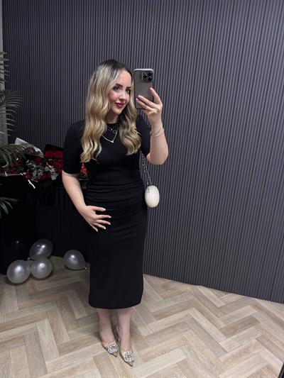 Velvet Drapeli Midi Boy Kısa Kollu Elbise Siyah