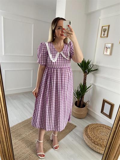 Vintage Yaka Pötikare Lila Elbise