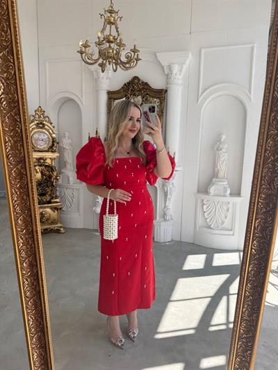 Violet İnci Detay Balon Kol Kalem Elbise Kırmızı