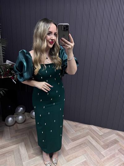 Violet İnci Detay Balon Kol Kalem Elbise Zümrüt