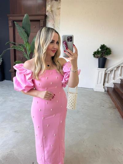 Violet İnci Detay Balon Kol Kalem Elbise Pembe