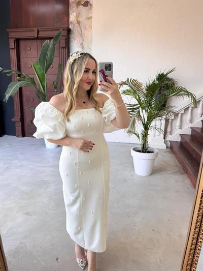 Violet İnci Detay Balon Kol Kalem Elbise Beyaz