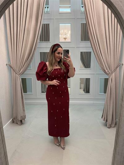 Violet İnci Detay Balon Kol Kalem Elbise Bordo