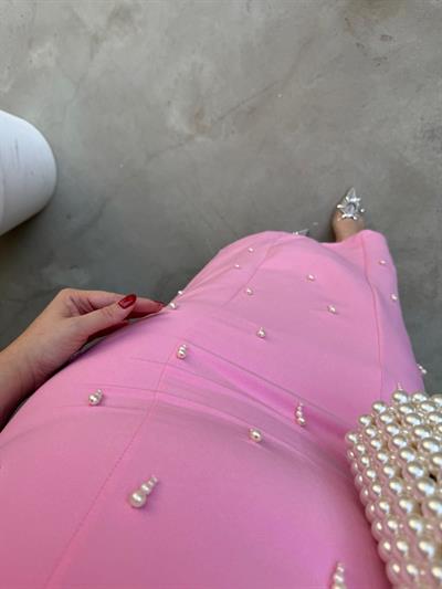 Violet İnci Detay Balon Kol Kalem Elbise Pembe