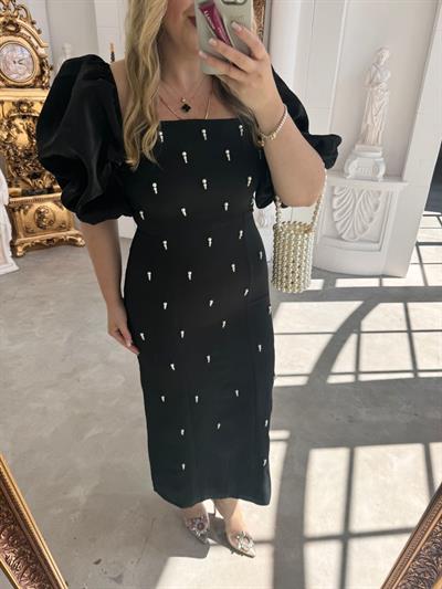 Violet İnci Detay Balon Kol Kalem Elbise Siyah