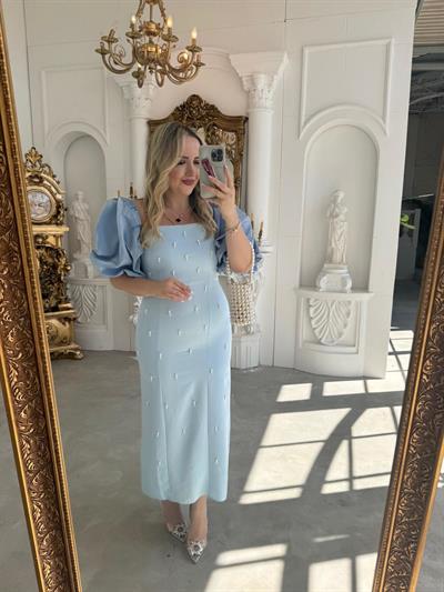 Violet İnci Detay Balon Kol Kalem Elbise Bebek Mavi