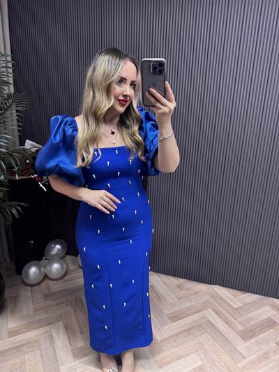 Violet İnci Detay Balon Kol Kalem Elbise Saks Mavisi