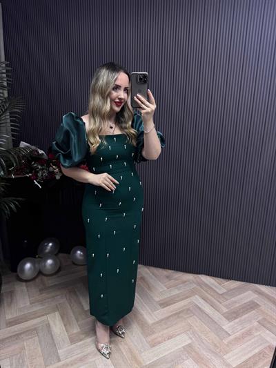 Violet İnci Detay Balon Kol Kalem Elbise Zümrüt