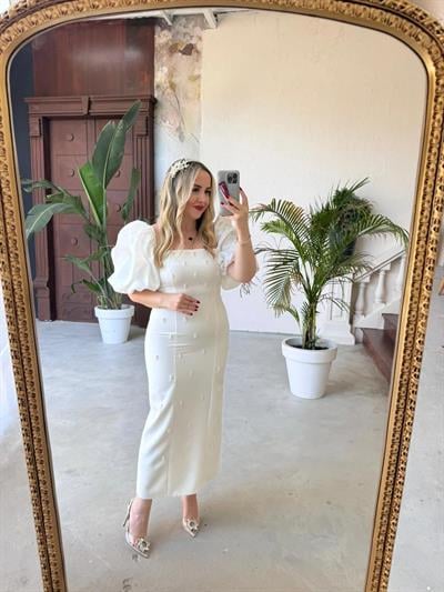 Violet İnci Detay Balon Kol Kalem Elbise Beyaz