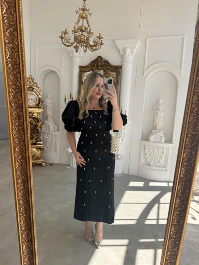 Violet İnci Detay Balon Kol Kalem Elbise Siyah