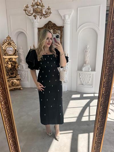 Violet İnci Detay Balon Kol Kalem Elbise Siyah