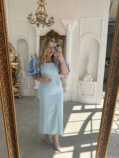 Violet İnci Detay Balon Kol Kalem Elbise Bebek Mavi