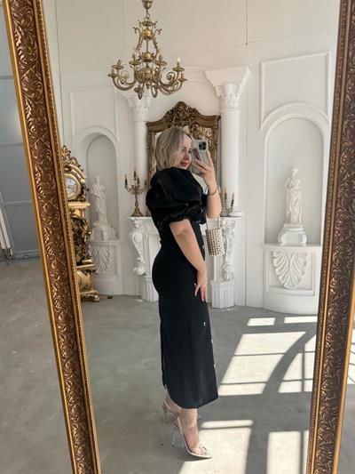 Violet İnci Detay Balon Kol Kalem Elbise Siyah