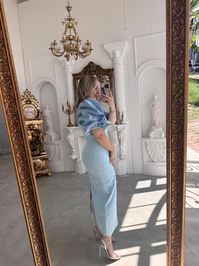 Violet İnci Detay Balon Kol Kalem Elbise Bebek Mavi