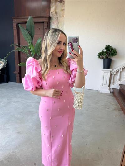 Violet İnci Detay Balon Kol Kalem Elbise Pembe