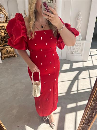 Violet İnci Detay Balon Kol Kalem Elbise Kırmızı