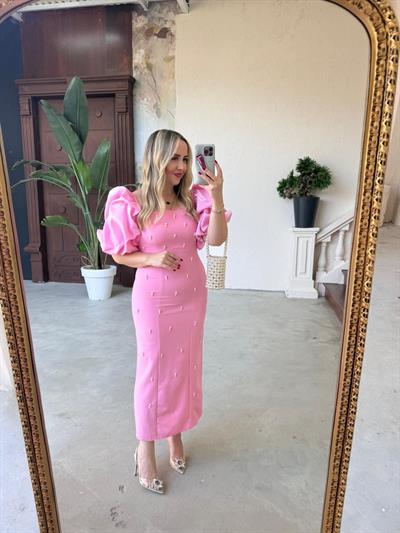 Violet İnci Detay Balon Kol Kalem Elbise Pembe