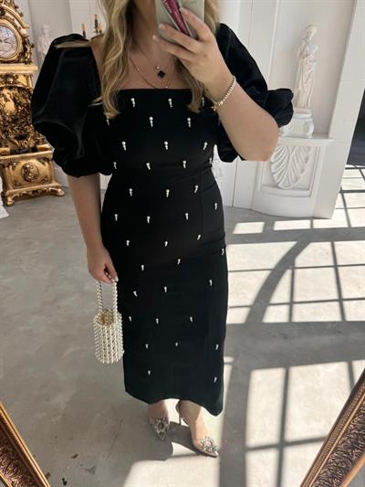 Violet İnci Detay Balon Kol Kalem Elbise Siyah