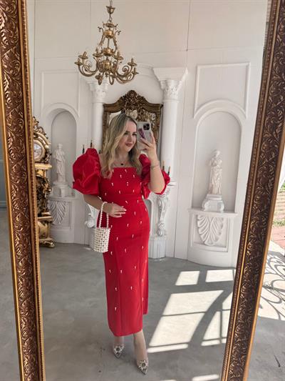 Violet İnci Detay Balon Kol Kalem Elbise Kırmızı