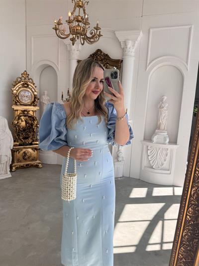 Violet İnci Detay Balon Kol Kalem Elbise Bebek Mavi