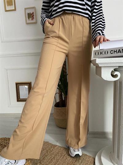 Vizon Renk Beli Lastikli Krep Kumaş Pantolon