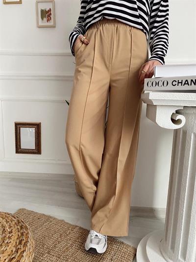 Vizon Renk Beli Lastikli Krep Kumaş Pantolon