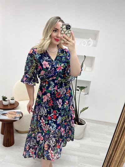 Volanlı Beli Lastikli Tasarım Şifon Elbise