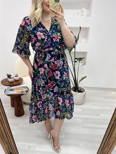 Volanlı Beli Lastikli Tasarım Şifon Elbise