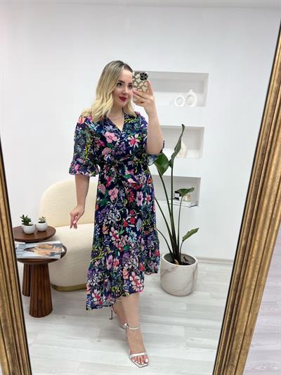 Volanlı Beli Lastikli Tasarım Şifon Elbise