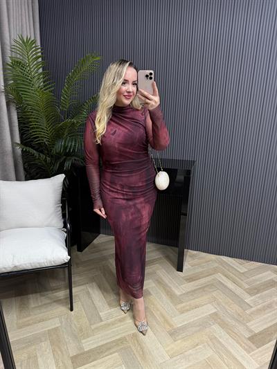 Wilma Drapeli Desenli Tül Elbise Bordo