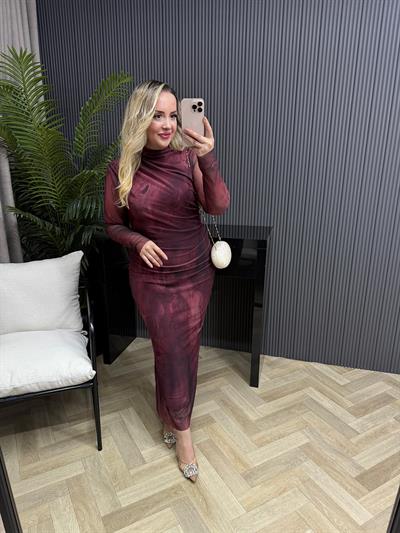 Wilma Drapeli Desenli Tül Elbise Bordo