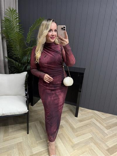 Wilma Drapeli Desenli Tül Elbise Bordo