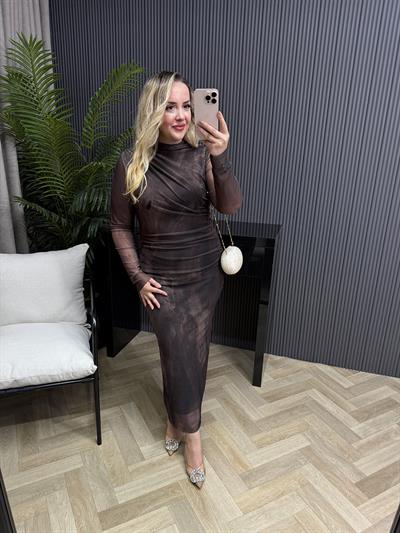 Wilma Drapeli Desenli Tül Elbise Kahve