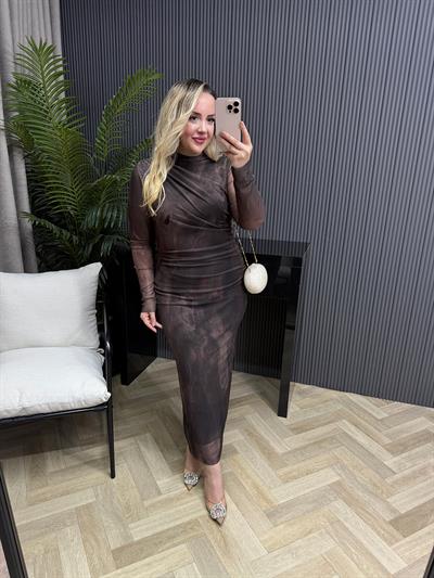 Wilma Drapeli Desenli Tül Elbise Kahve