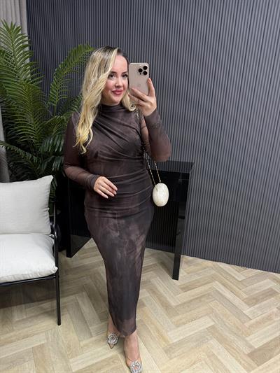 Wilma Drapeli Desenli Tül Elbise Kahve