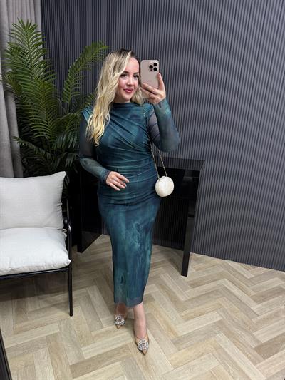 Wilma Drapeli Desenli Tül Elbise Zümrüt