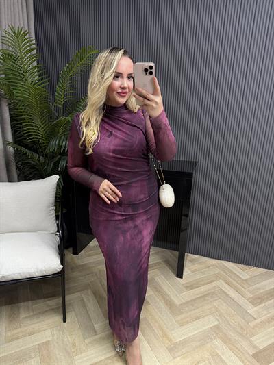 Wilma Drapeli Desenli Tül Elbise Mor