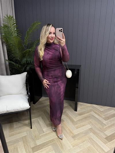 Wilma Drapeli Desenli Tül Elbise Mor