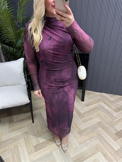 Wilma Drapeli Desenli Tül Elbise Mor