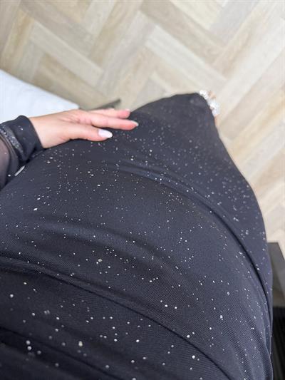 Wilma Drapeli Kendinden Simli Tül Elbise Siyah