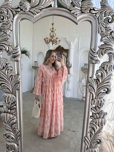 Yaka İşleme Detaylı İspanyol Kol İthal Elbise Pembe