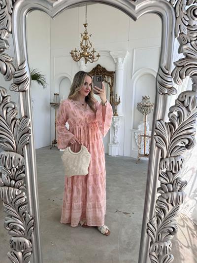 Yaka İşleme Detaylı İspanyol Kol İthal Elbise Pembe