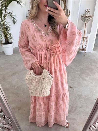 Yaka İşleme Detaylı İspanyol Kol İthal Elbise Pembe