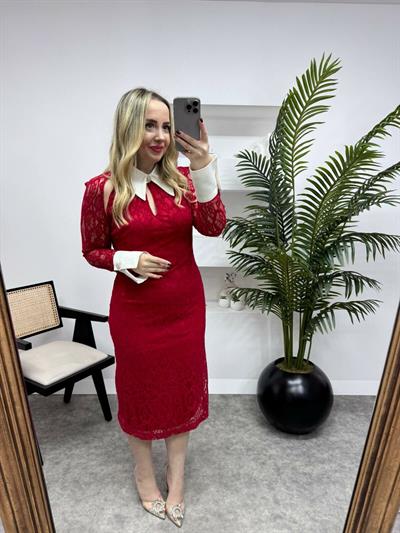 Yaka Ve Kol Detaylı Tasarım Elbise Kırmızı