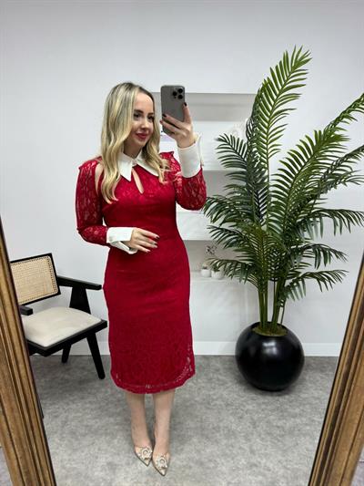 Yaka Ve Kol Detaylı Tasarım Elbise Kırmızı