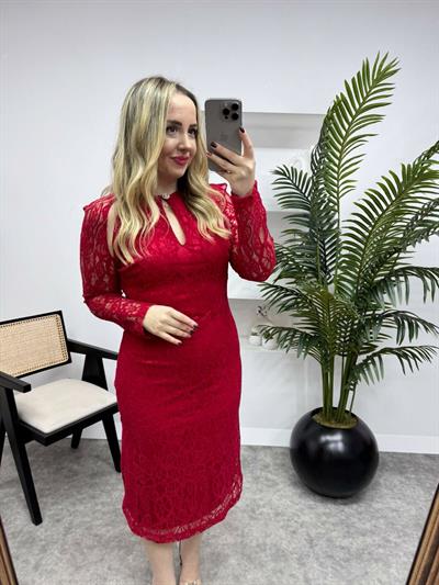 Yaka Ve Kol Detaylı Tasarım Elbise Kırmızı